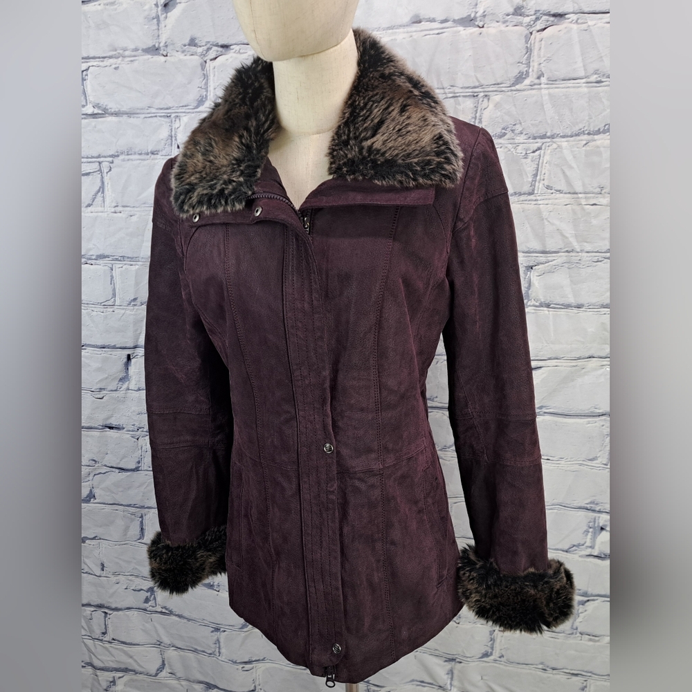 Danier Women's Leather Jacket Winter Coat with Fur Trim Purple Zip Cuffs Small - Picture 2 of 16
